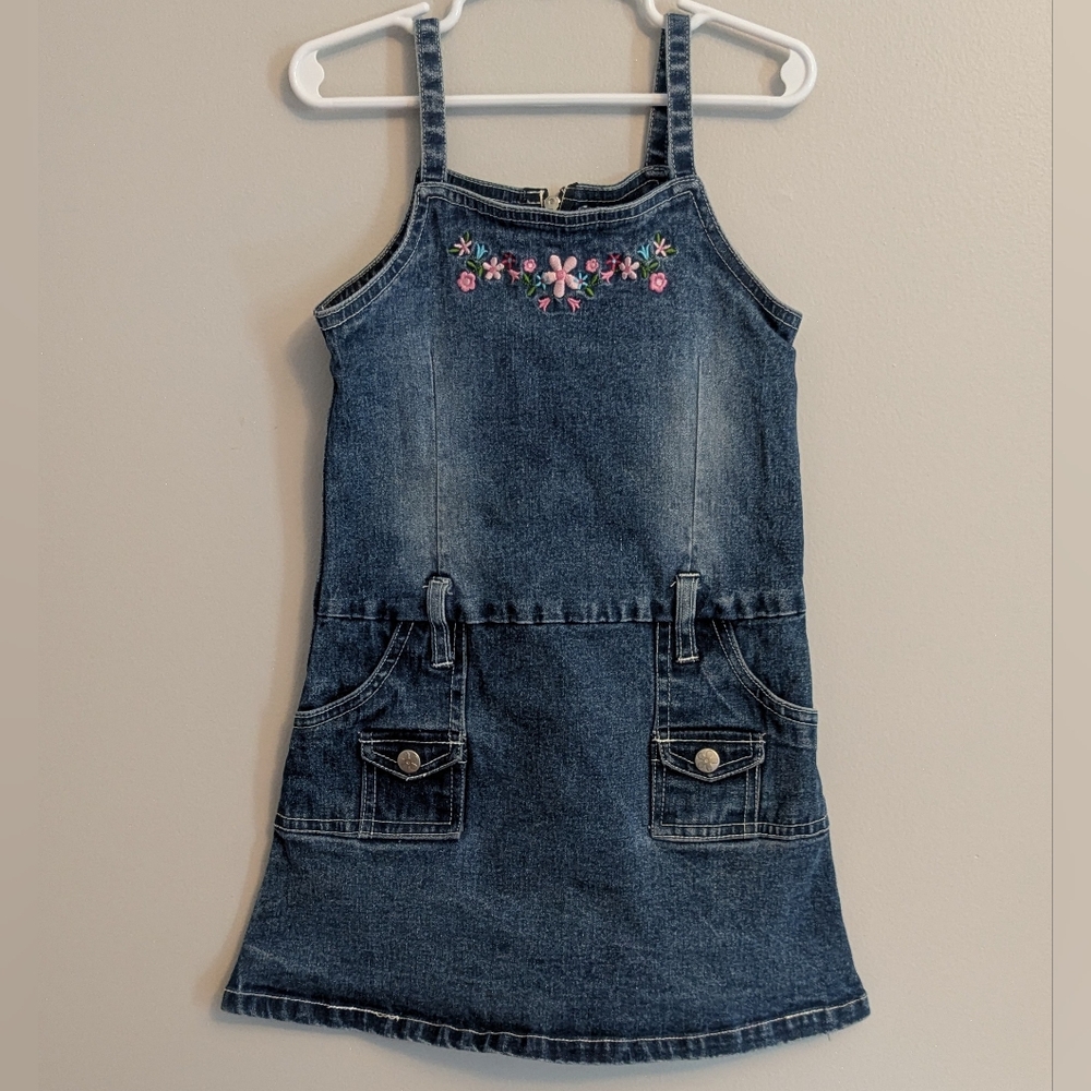 No Kidding Girls Vintage Blue Jean Denim Embroidered Sleeveless Tank Dress - 5
